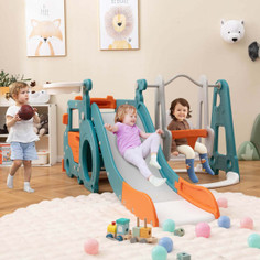 5-in-1 Kids' Slide and Swing Set with Mini Bus and Basketball Hoop product